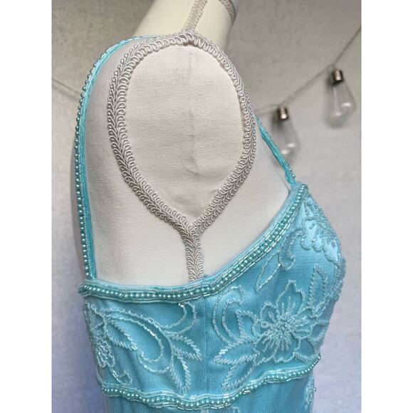 Vintage 90's Cach'e Blue Beaded Floral Maxi Princess Gown Dress Medium - Picture 8 of 13